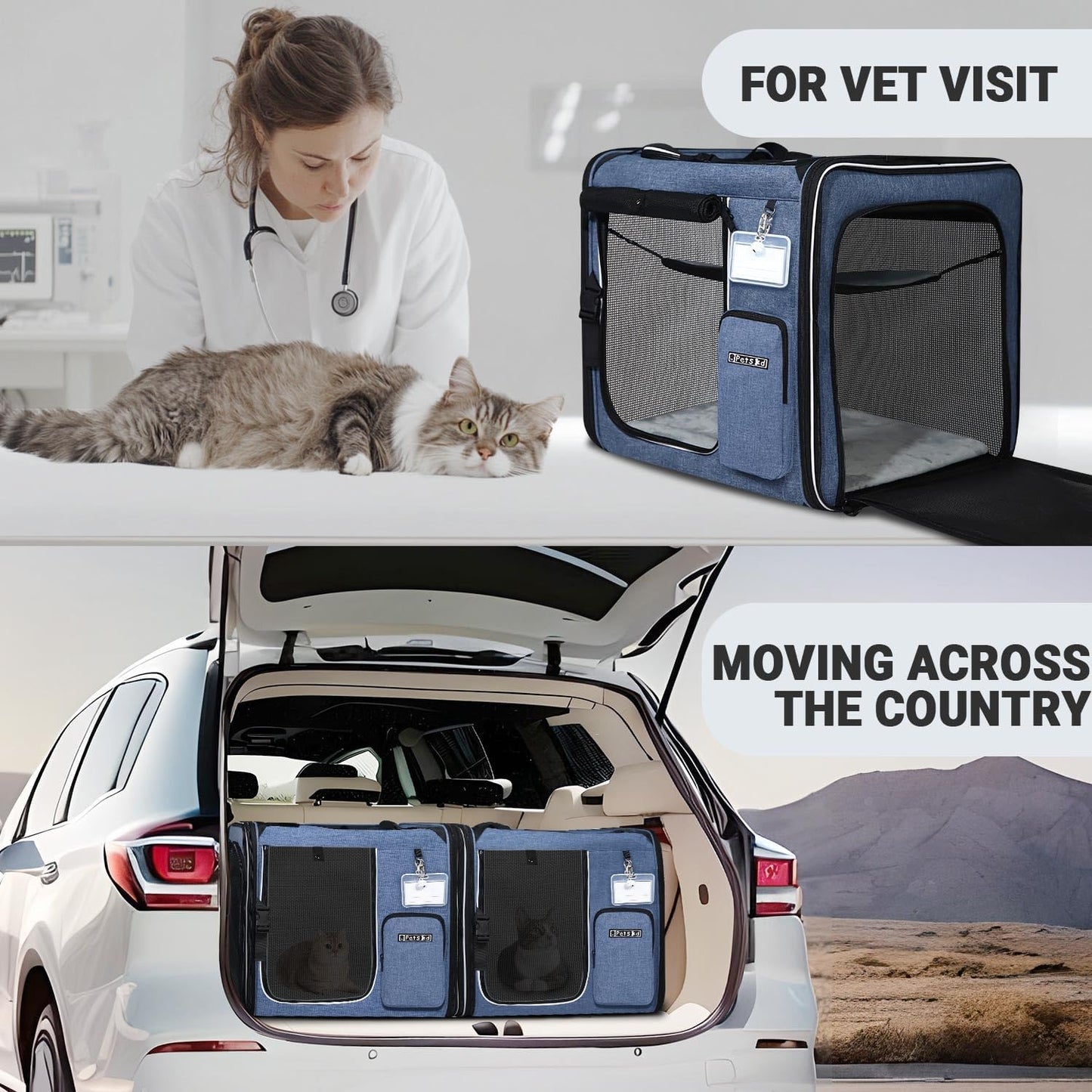 Portable Double Cat Carrier with Litter Box (Blue)