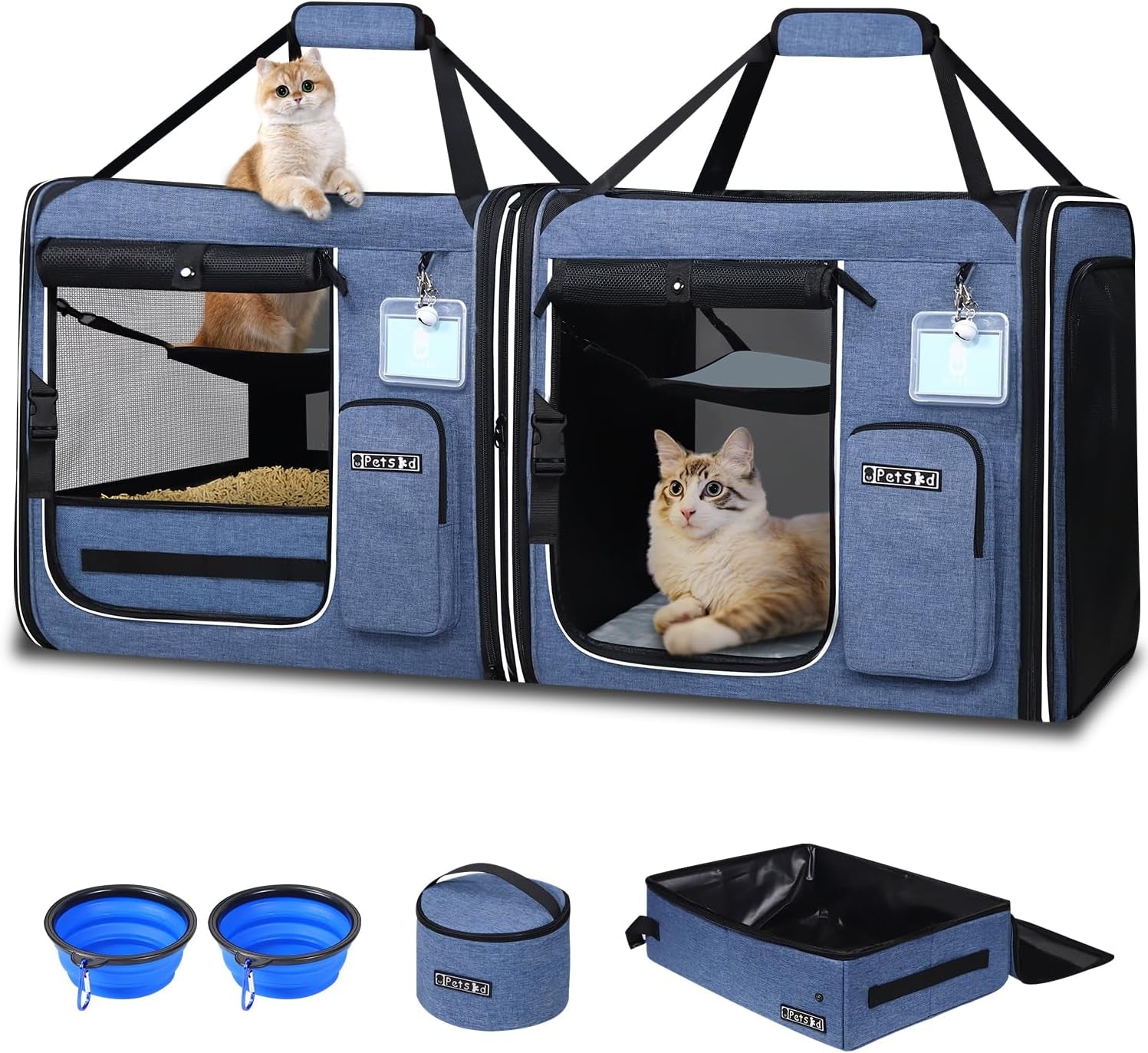 Portable Double Cat Carrier with Litter Box (Blue)