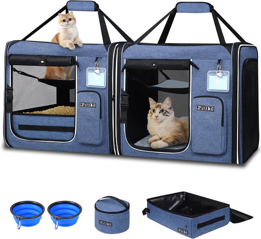 Portable Double Cat Carrier with Litter Box (Blue)