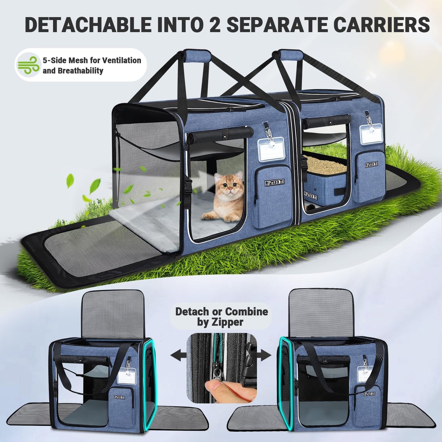 Portable Double Cat Carrier with Litter Box (Blue)