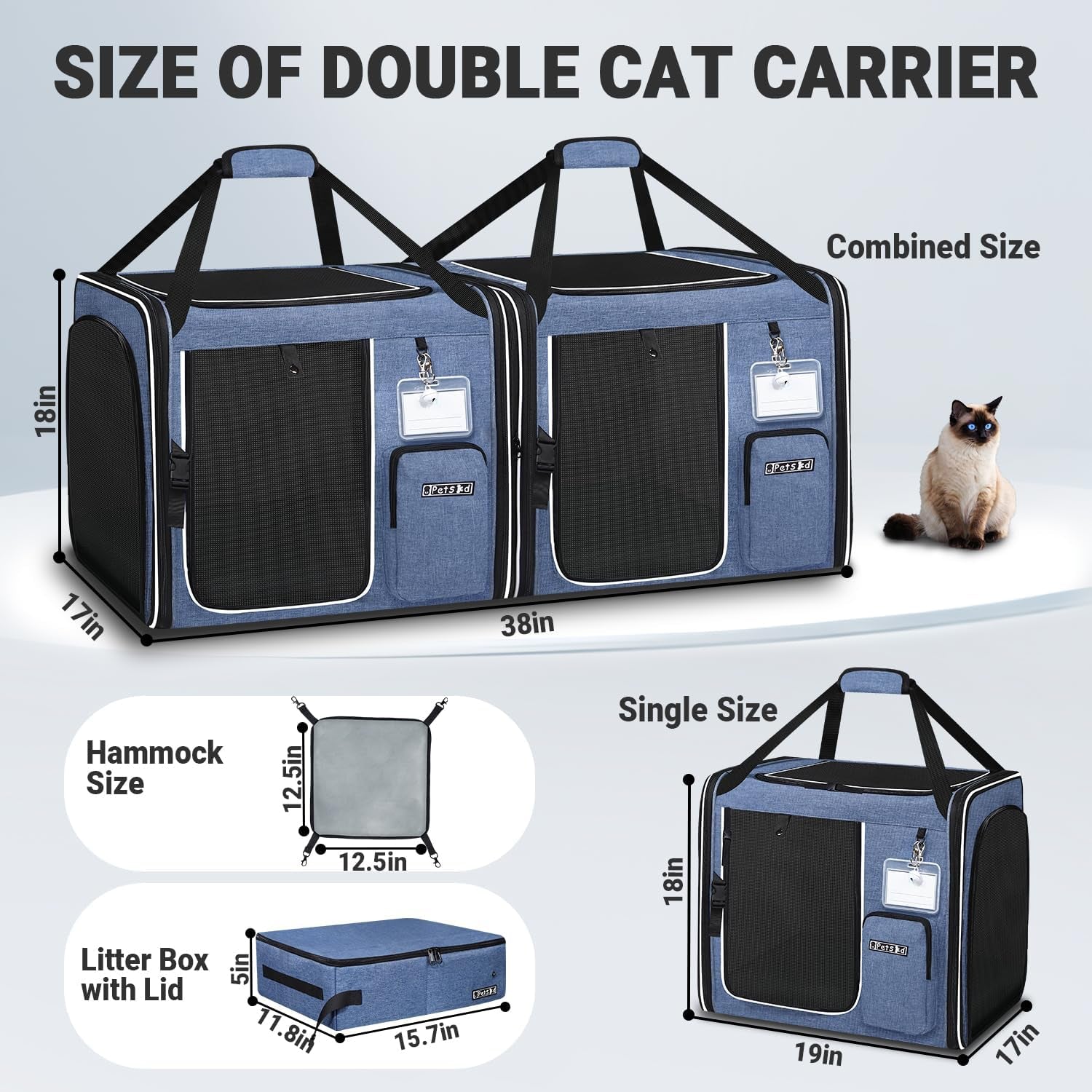 Portable Double Cat Carrier with Litter Box (Blue)