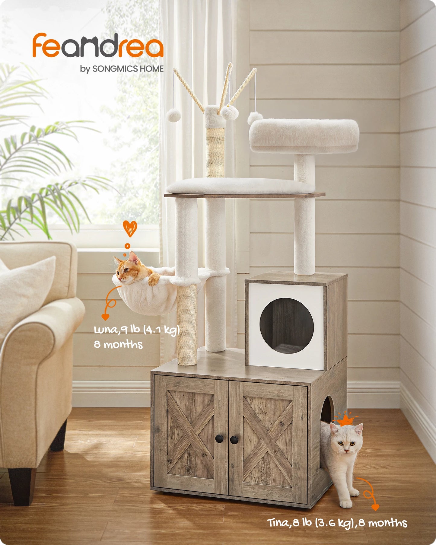FEANDREA 2-in-1 Cat Tree with Hidden Litter Box - Modern Greige