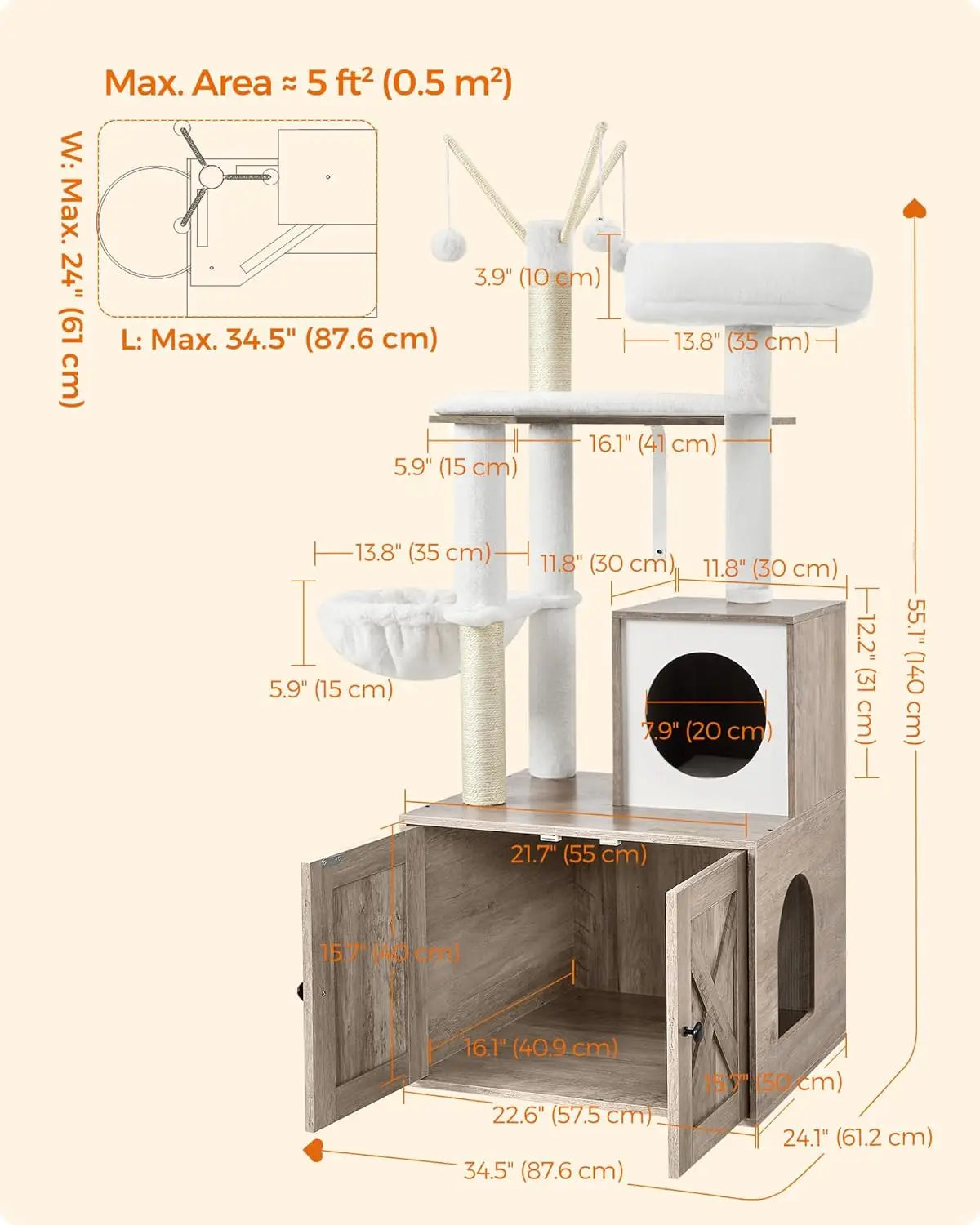 FEANDREA 2-in-1 Cat Tree with Hidden Litter Box - Modern Greige