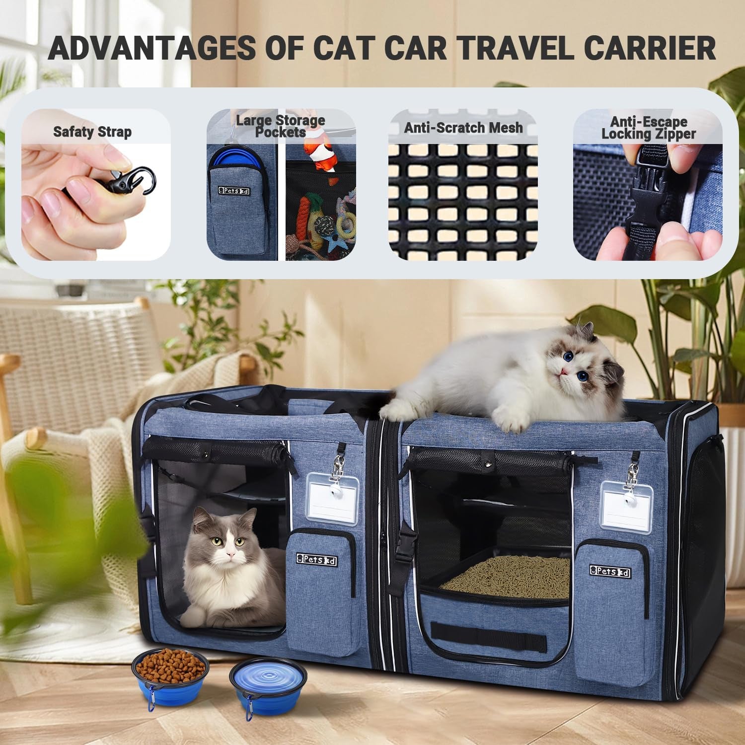 Portable Double Cat Carrier with Litter Box (Blue)