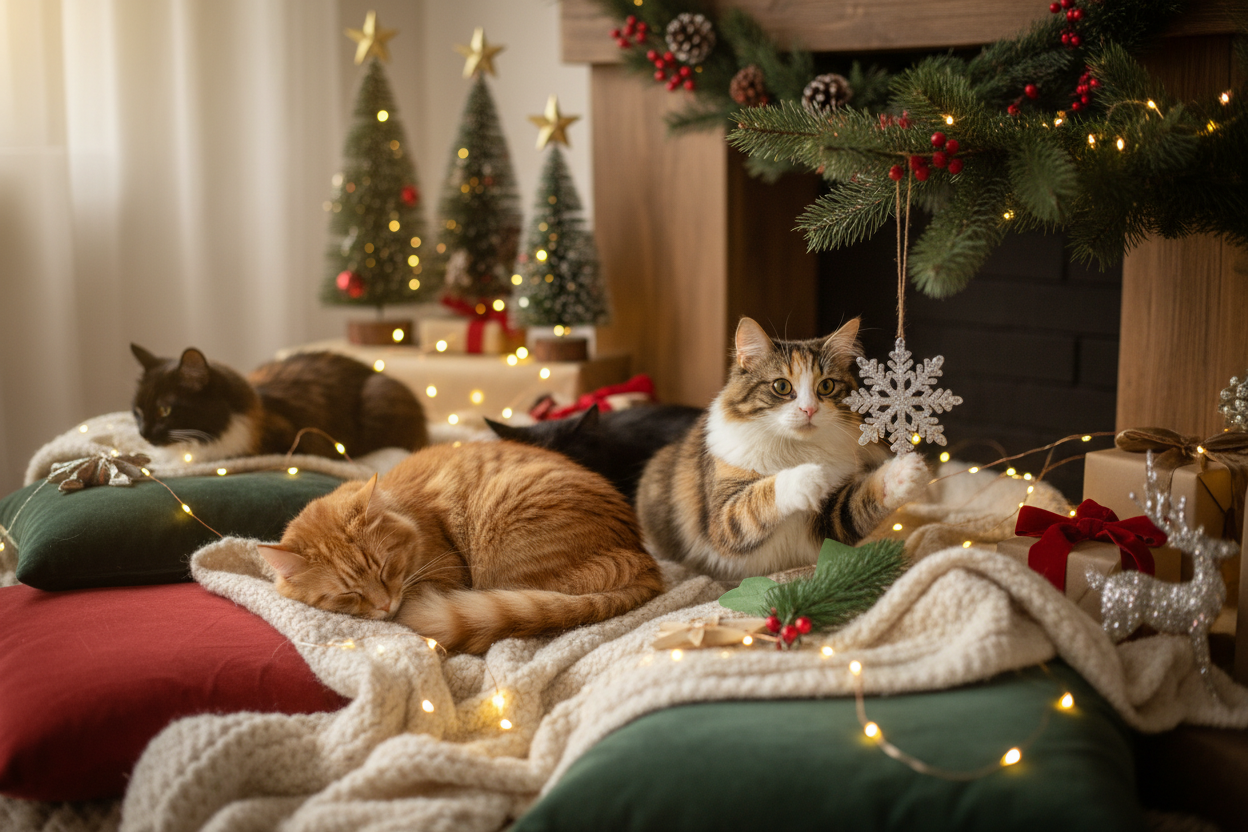 cozy cats with holiday decorations