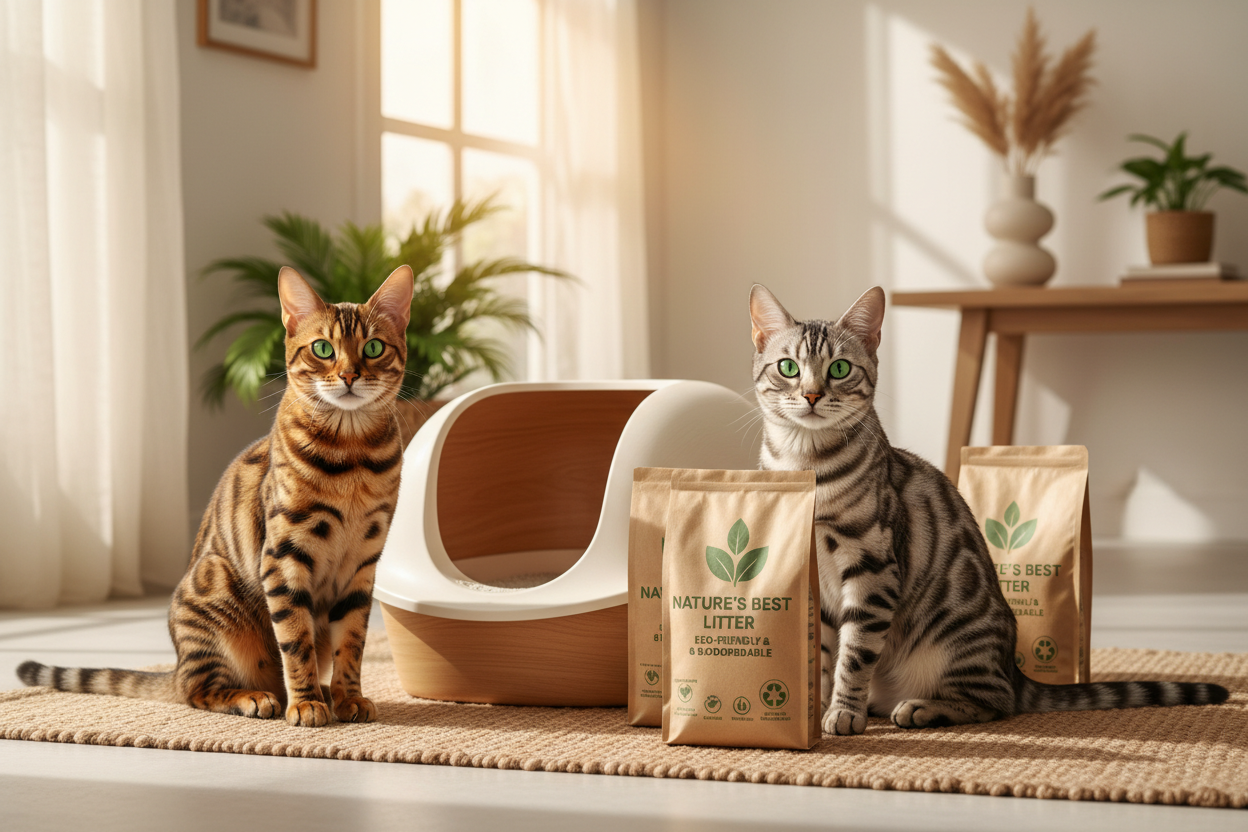 Eco friendly cat litter bags, litter box, couple bangal cats
